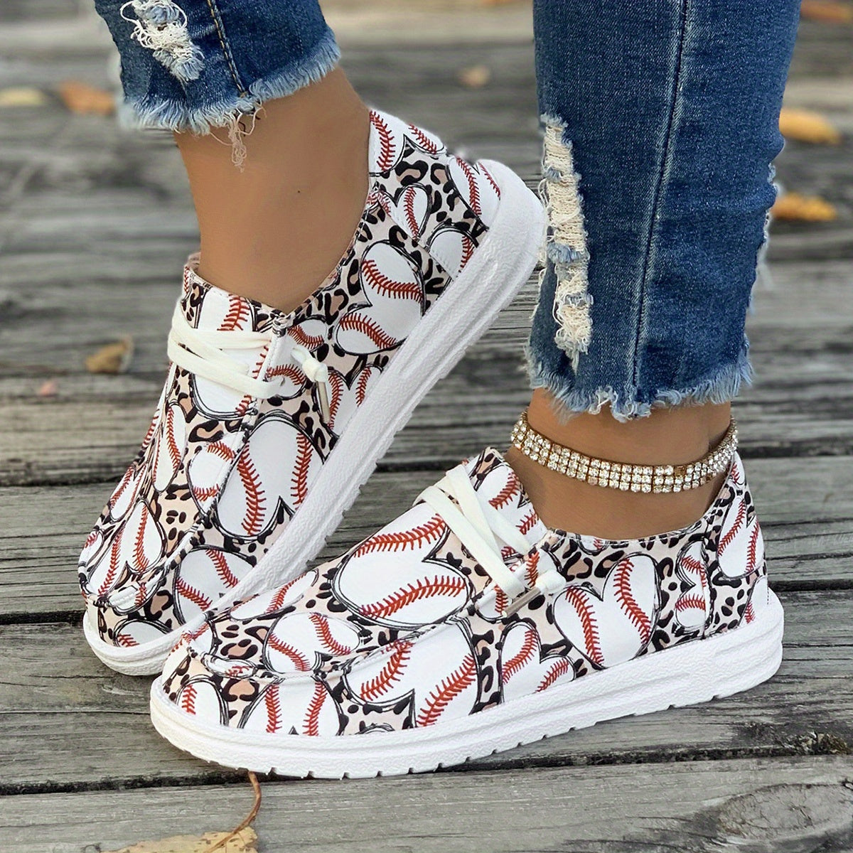 Baseball Print Canvas Shoes, Low Top Walking Sneakers