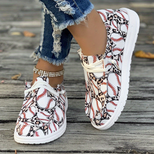 Baseball Print Canvas Shoes, Low Top Walking Sneakers