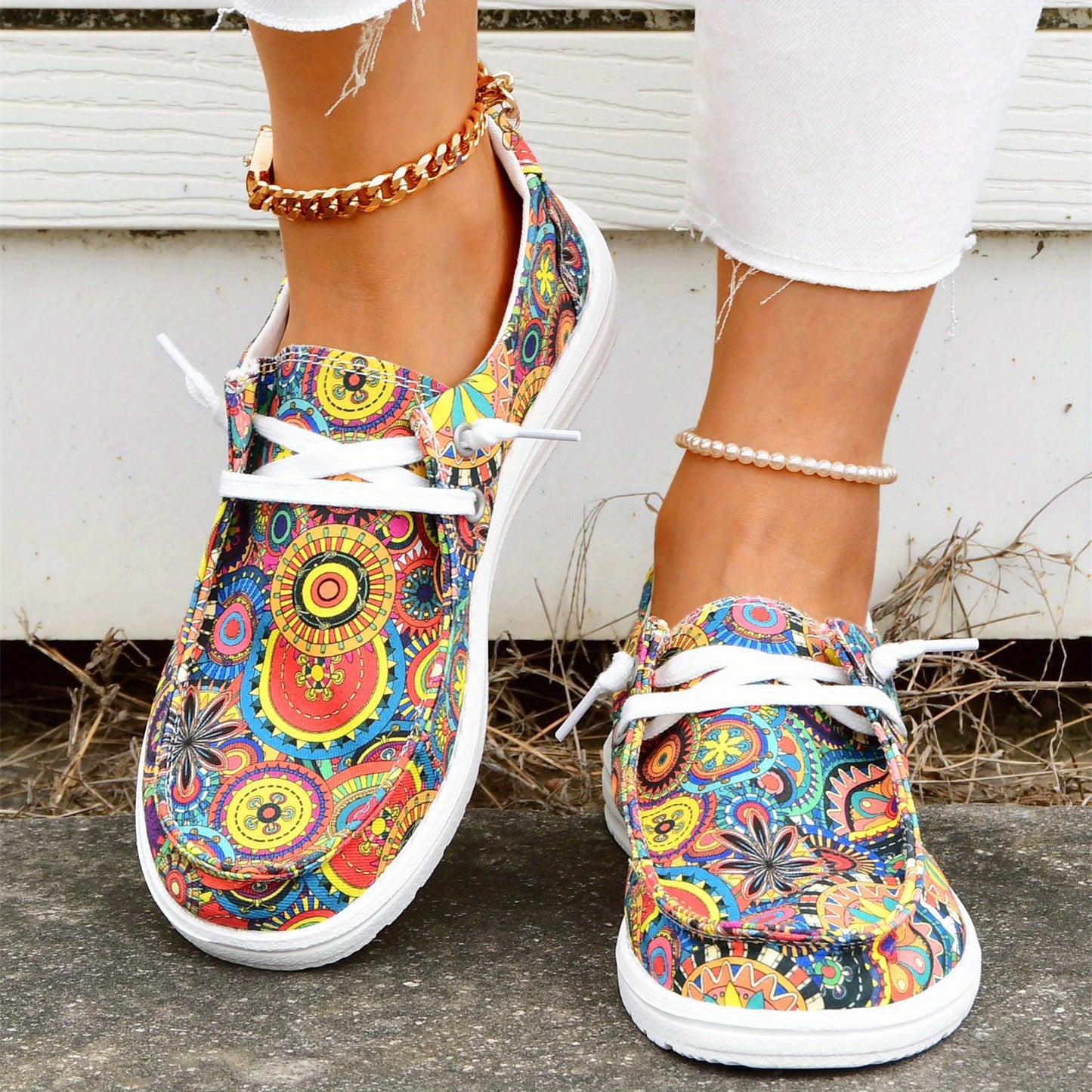 Colorful Floral Printed Flats, Low Top Canvas Sneakers