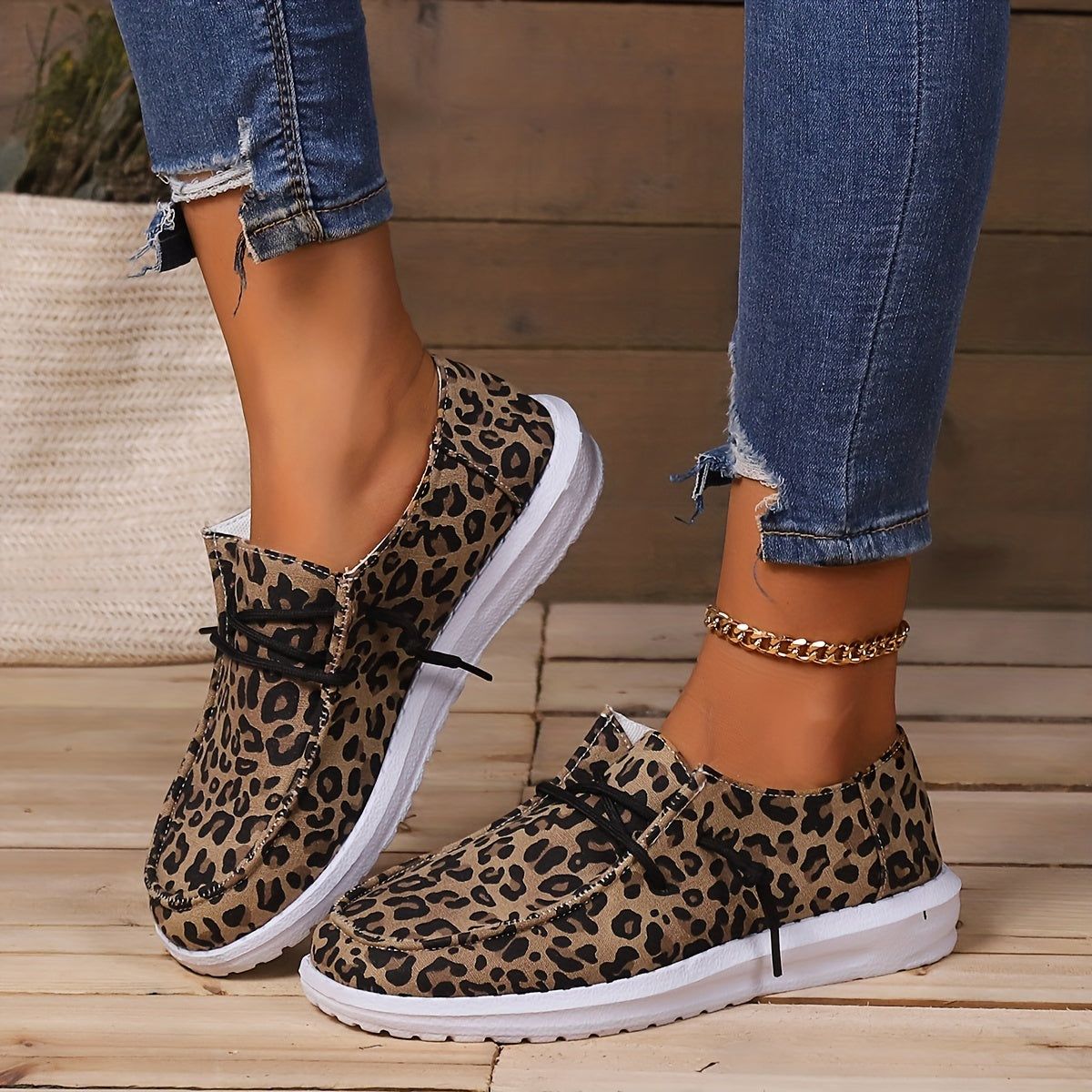 Low Top Canvas Shoes, Leopard Print Slip On Loafers