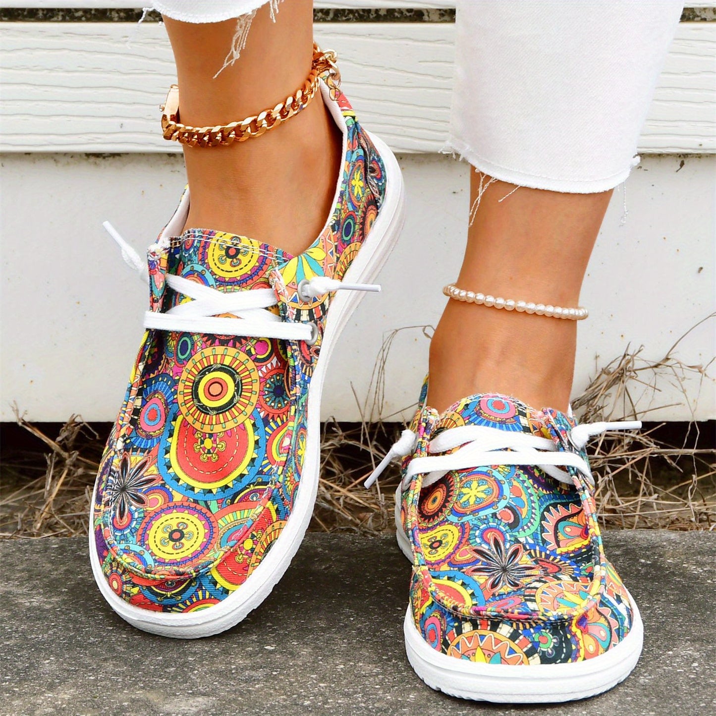 Colorful Floral Printed Flats, Low Top Canvas Sneakers