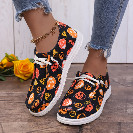 Fashion Pumpkin Face Pattern Canvas Shoes, Lace Up Slip On Shoes